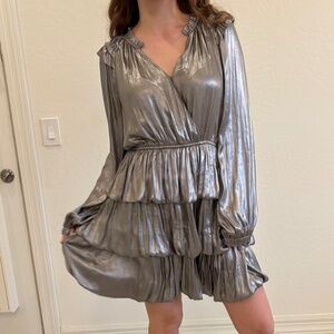 CURRENT AIR silver metallic foil surplice tiered mini dress M